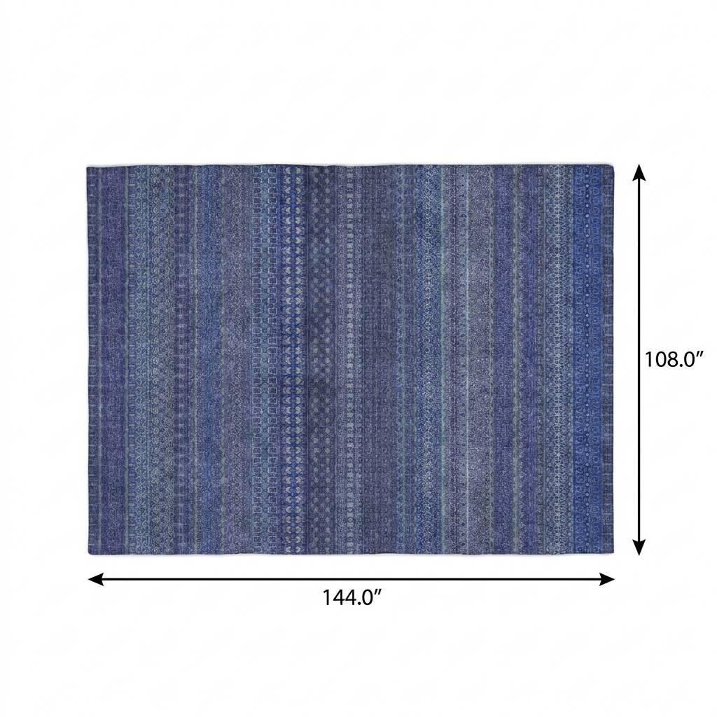 9' X 12' Navy Blue And Denim Blue Striped Shag Washable Area Rug With UV Protection - HomeRoots - Flyclothing LLC