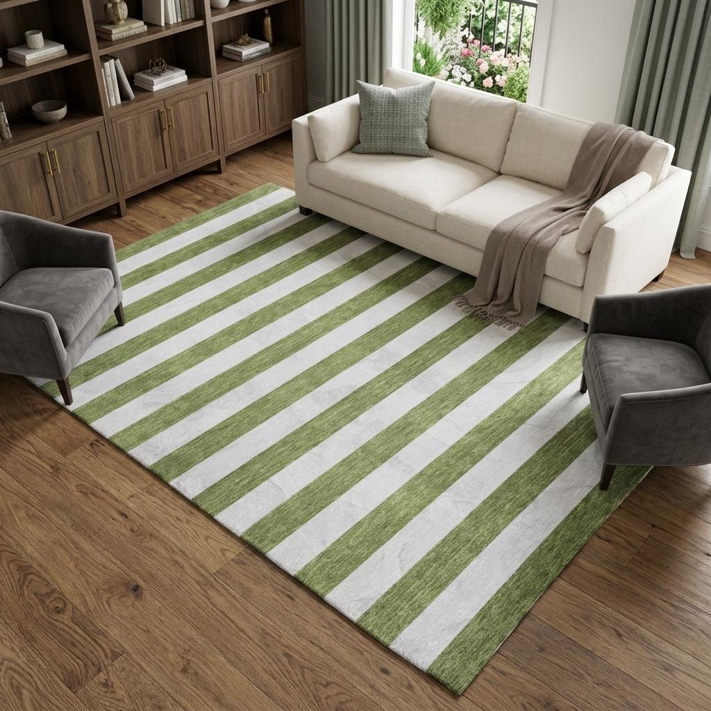 8' X 10' Olive Green And Ivory Striped Shag Washable Area Rug With UV Protection - HomeRoots - Flyclothing LLC