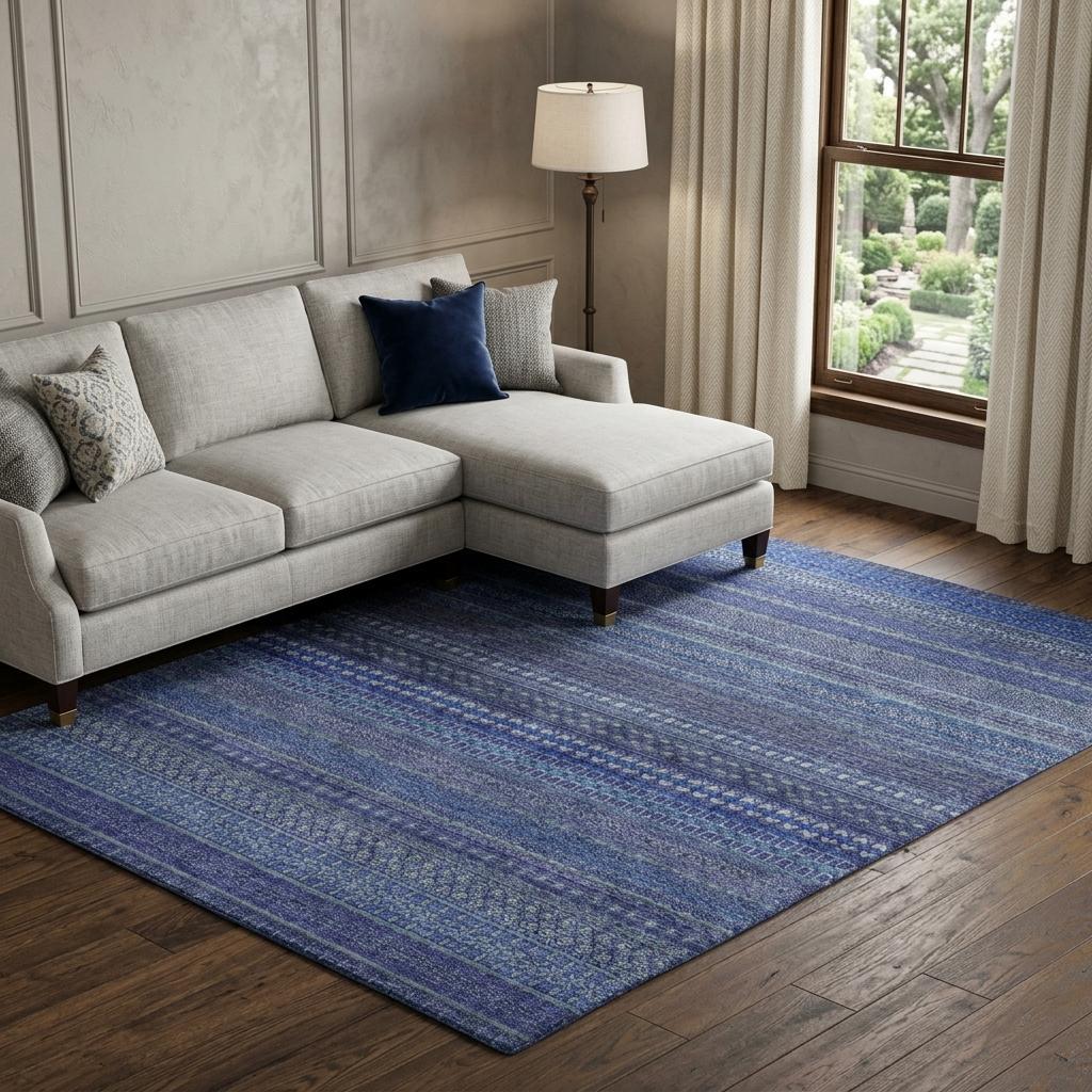 10' X 14' Navy Blue And Denim Blue Striped Shag Washable Area Rug With UV Protection - HomeRoots - Flyclothing LLC
