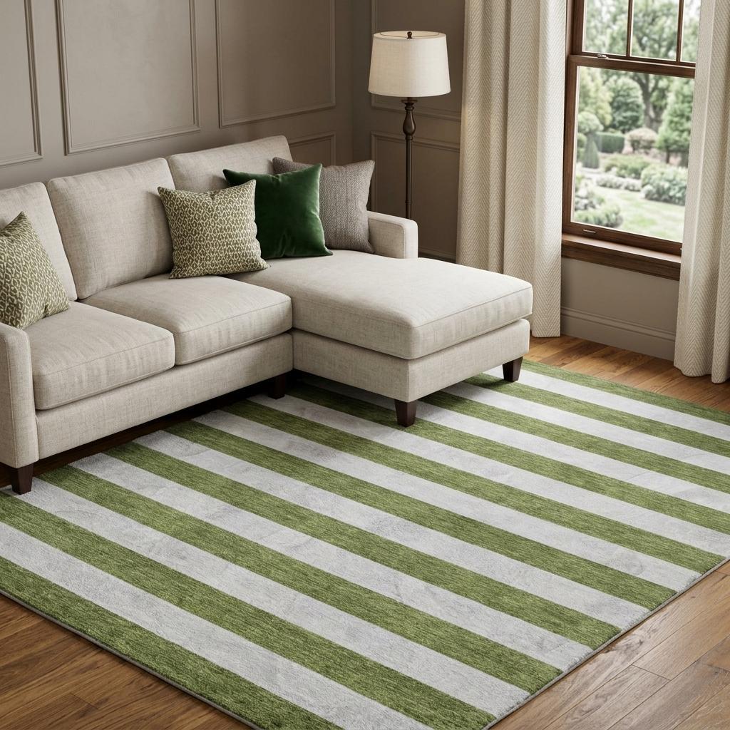 9' X 12' Olive Green And Ivory Striped Shag Washable Area Rug With UV Protection - HomeRoots - Flyclothing LLC