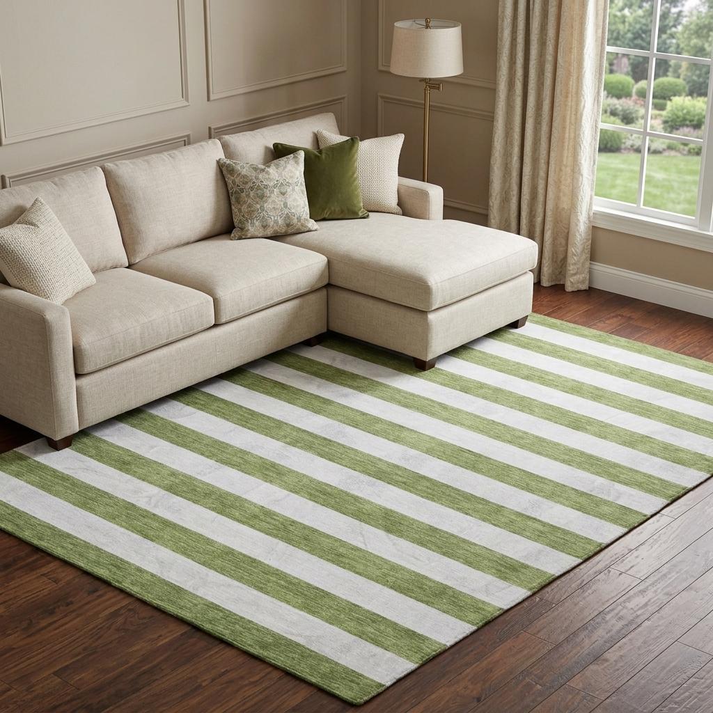 10' X 14' Olive Green And Ivory Striped Shag Washable Area Rug With UV Protection - HomeRoots - Flyclothing LLC