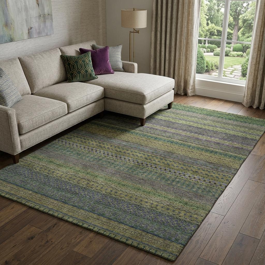 9' X 12' Olive Green And Green Striped Shag Washable Area Rug With UV Protection - HomeRoots - Flyclothing LLC