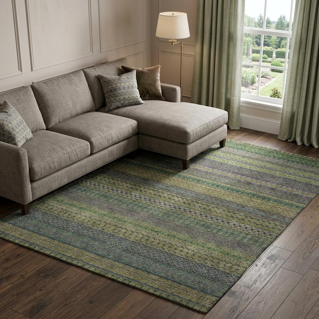 10' X 14' Olive Green And Green Striped Shag Washable Area Rug With UV Protection - HomeRoots - Flyclothing LLC