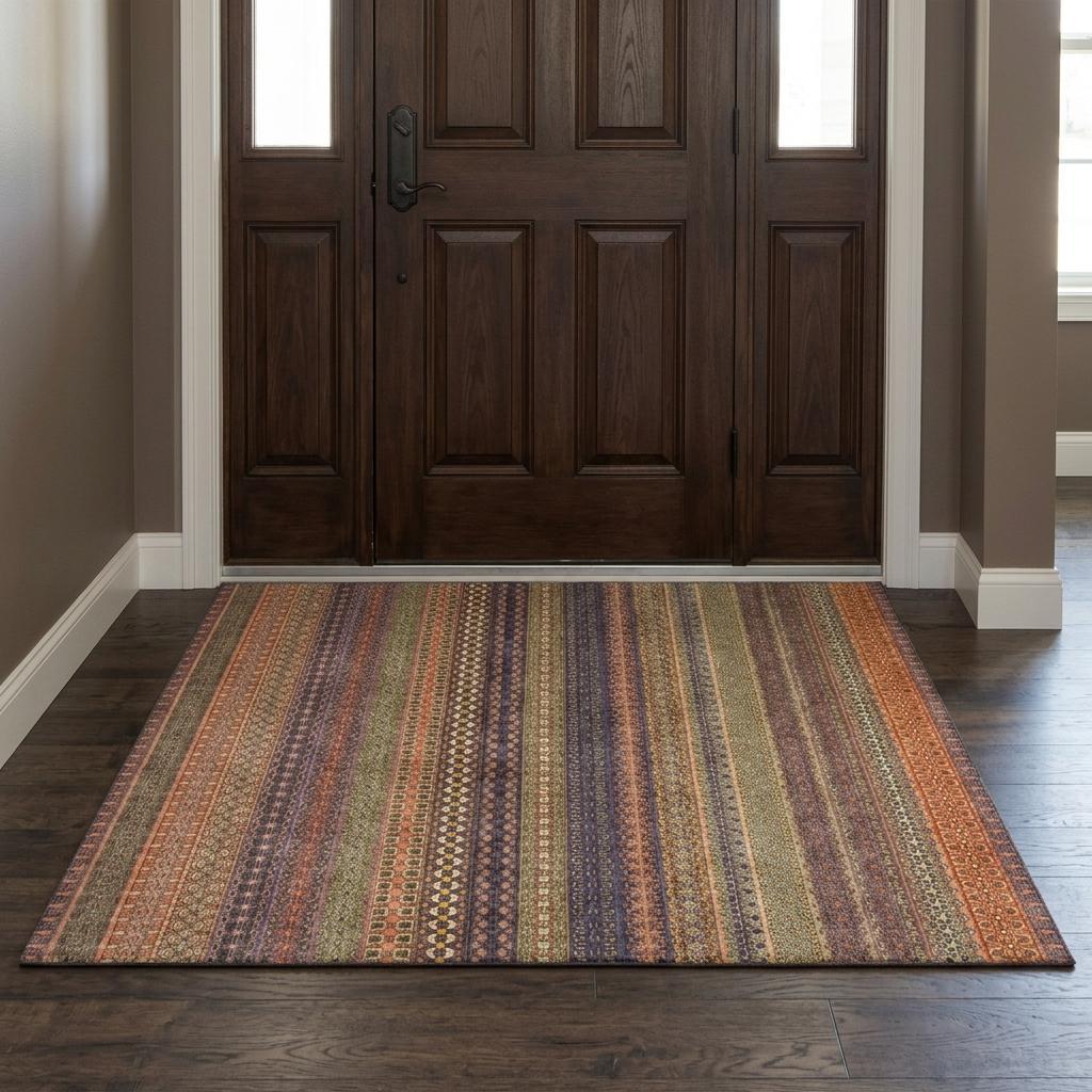 3' X 5' Orange And Beige Striped Shag Washable Area Rug With UV Protection - HomeRoots - Flyclothing LLC