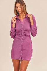MABLE Front Ruched Button-Down Skinny Mini Shirt Dress - Trendsi