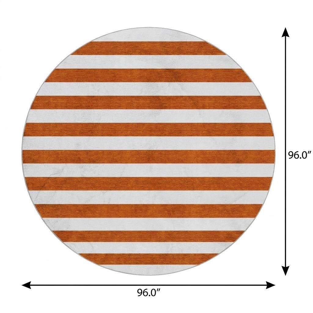 8' Orange And Ivory Striped Shag Washable Round Rug With UV Protection - HomeRoots - Flyclothing LLC