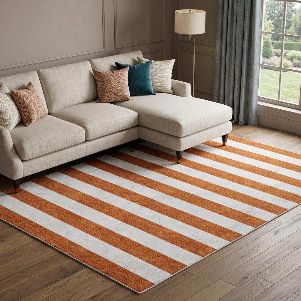 9' X 12' Orange And Ivory Striped Shag Washable Area Rug With UV Protection - HomeRoots - Flyclothing LLC