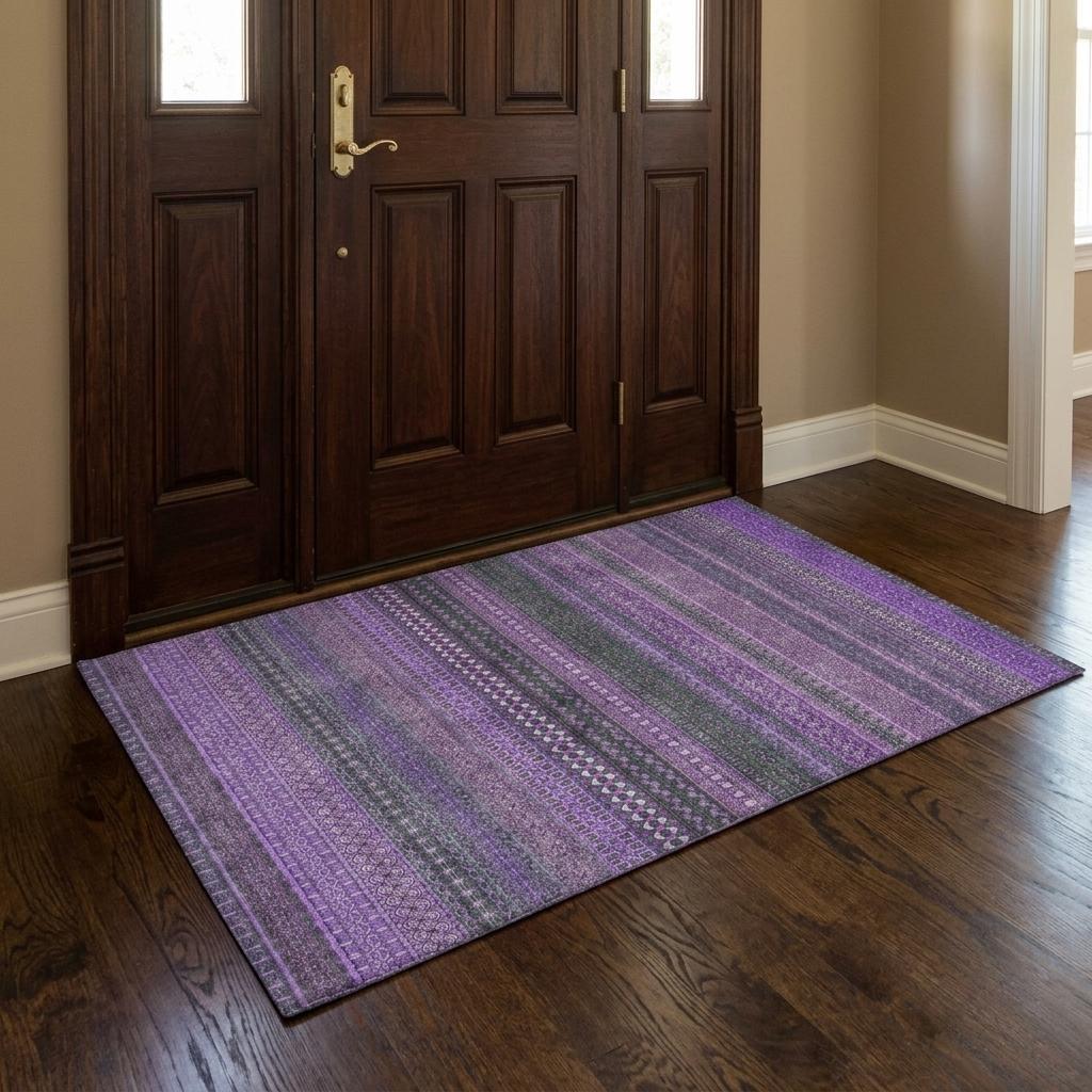 3' X 5' Purple And Lilac Striped Shag Washable Area Rug With UV Protection - HomeRoots - Flyclothing LLC