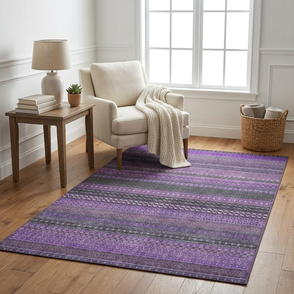 5' X 8' Purple And Lilac Striped Shag Washable Area Rug With UV Protection - HomeRoots - Flyclothing LLC