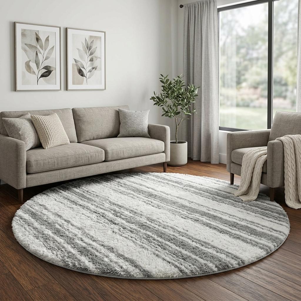 8' Pink And Ivory Striped Shag Washable Round Rug With UV Protection - HomeRoots - Flyclothing LLC