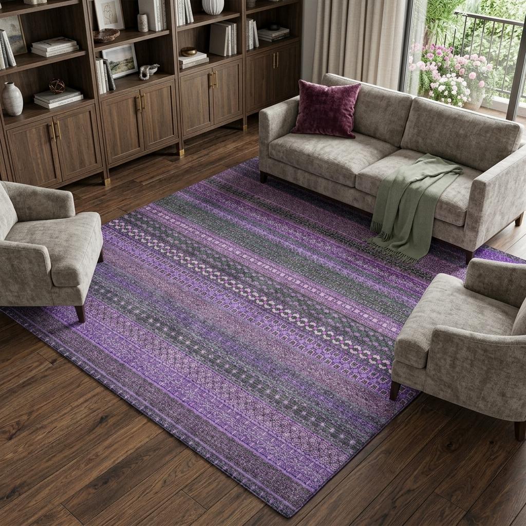 9' X 12' Purple And Lilac Striped Shag Washable Area Rug With UV Protection - HomeRoots - Flyclothing LLC