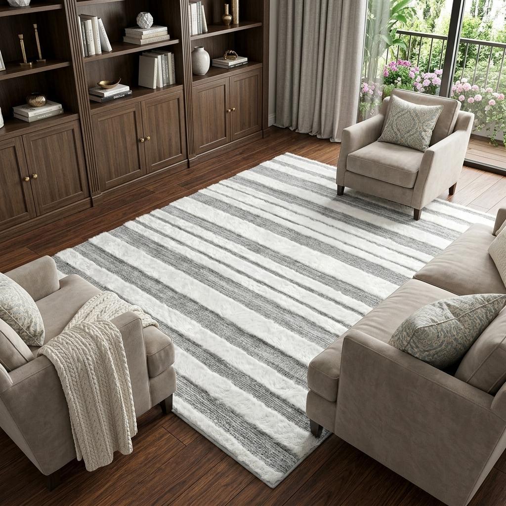 8' X 10' Pink And Ivory Striped Shag Washable Area Rug With UV Protection - HomeRoots - Flyclothing LLC