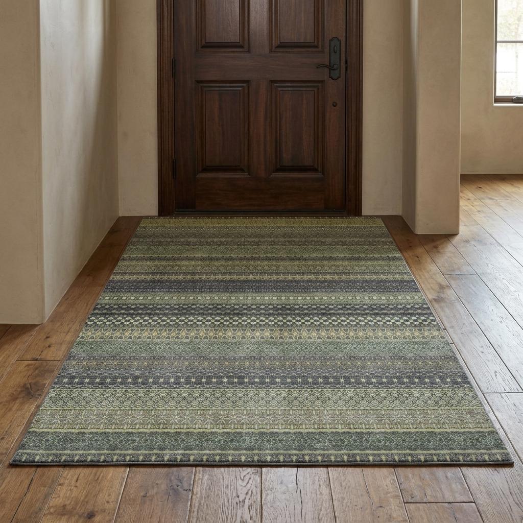 3' X 5' Sage And Green Striped Shag Washable Area Rug With UV Protection - HomeRoots - Flyclothing LLC