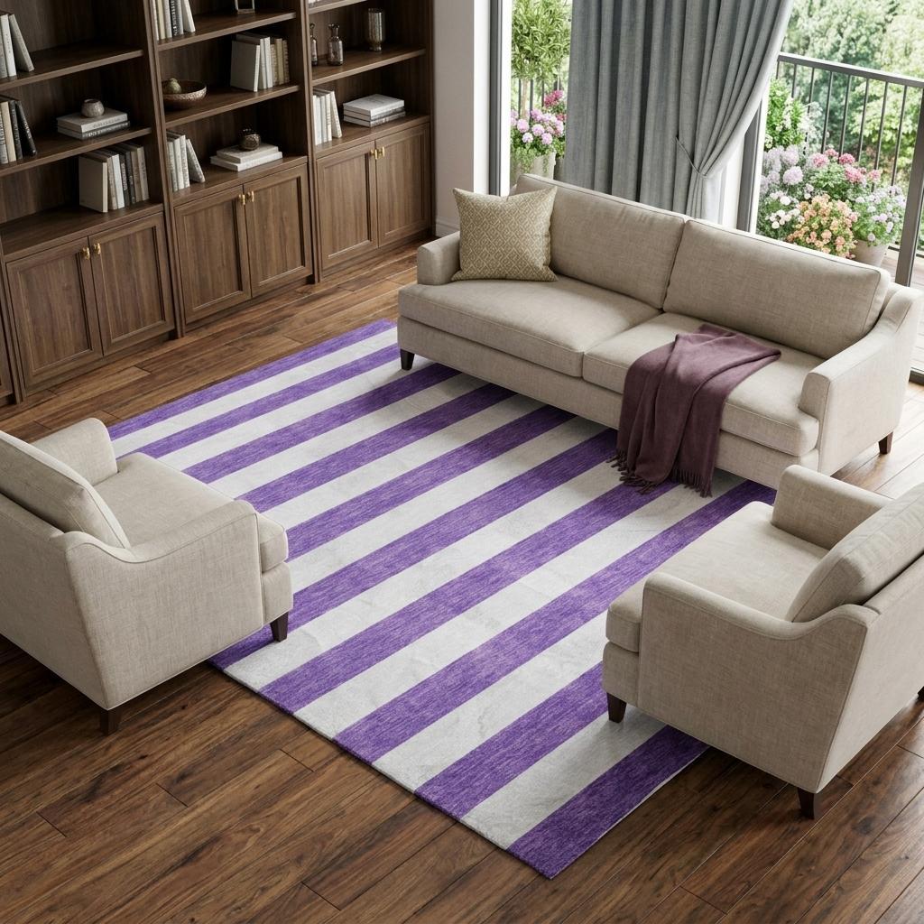 8' X 10' Purple And Ivory Striped Shag Washable Area Rug With UV Protection - HomeRoots - Flyclothing LLC