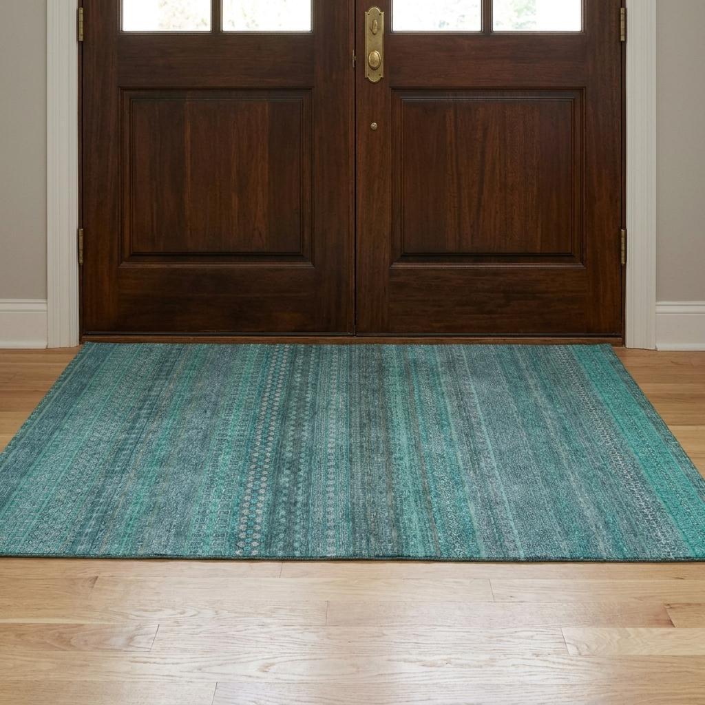 3' X 5' Turquoise And Teal Striped Shag Washable Area Rug With UV Protection - HomeRoots - Flyclothing LLC