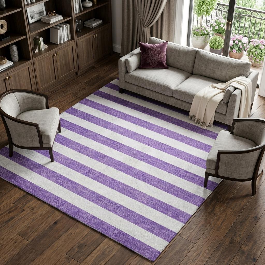10' X 14' Purple And Ivory Striped Shag Washable Area Rug With UV Protection - HomeRoots - Flyclothing LLC
