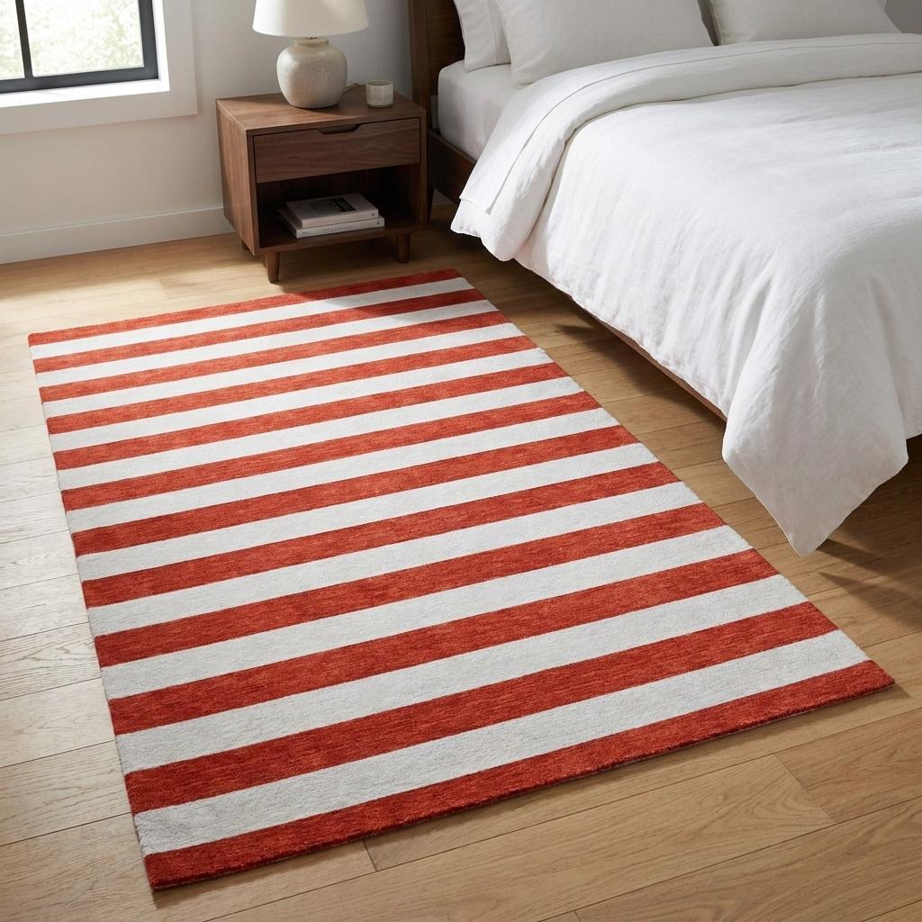 3' X 5' Red And Ivory Striped Shag Washable Area Rug With UV Protection - HomeRoots - Flyclothing LLC