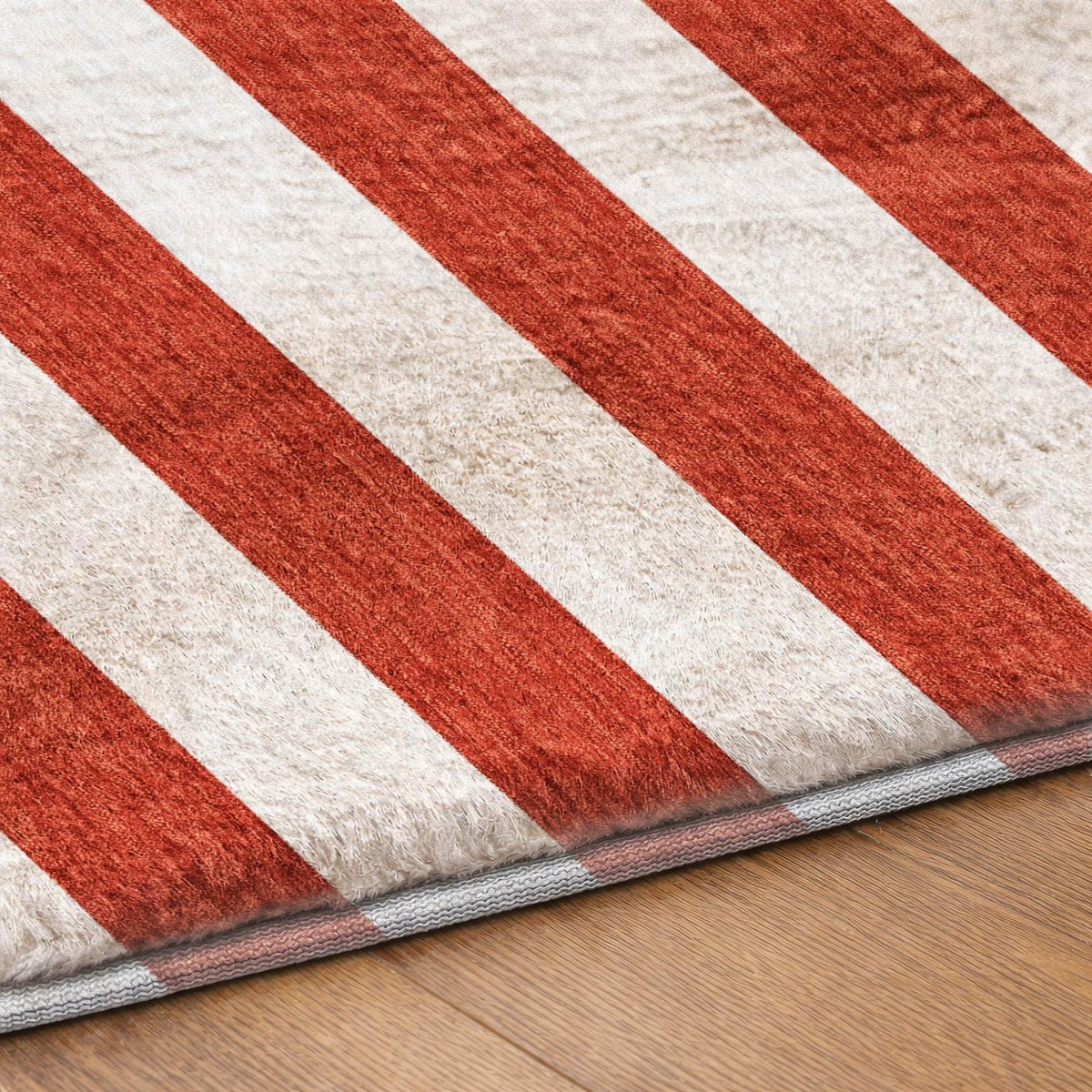 8' Red And Ivory Striped Shag Washable Round Rug With UV Protection - HomeRoots - Flyclothing LLC