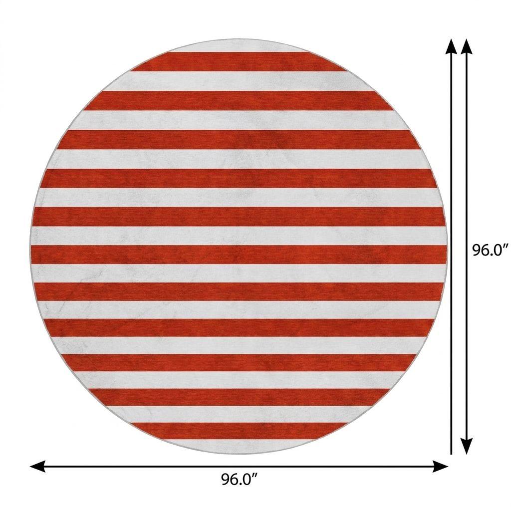 8' Red And Ivory Striped Shag Washable Round Rug With UV Protection - HomeRoots - Flyclothing LLC