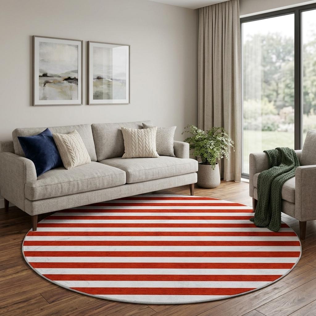 8' Red And Ivory Striped Shag Washable Round Rug With UV Protection - HomeRoots - Flyclothing LLC