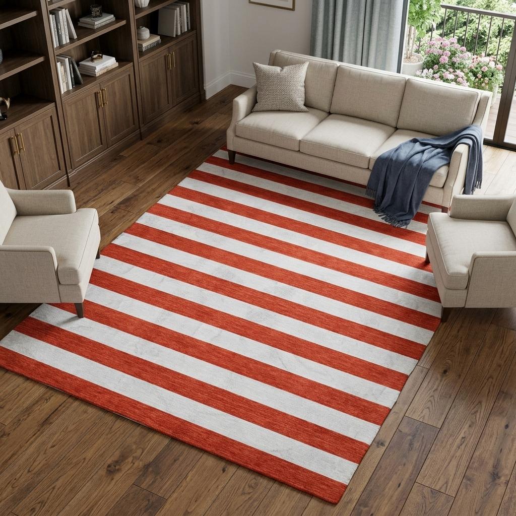 10' X 14' Red And Ivory Striped Shag Washable Area Rug With UV Protection - HomeRoots - Flyclothing LLC