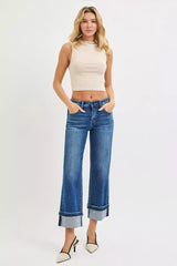 RISEN Mid Rise Ankle Straight Jeans with Cuffed Hem - Trendsi - Flyclothing LLC