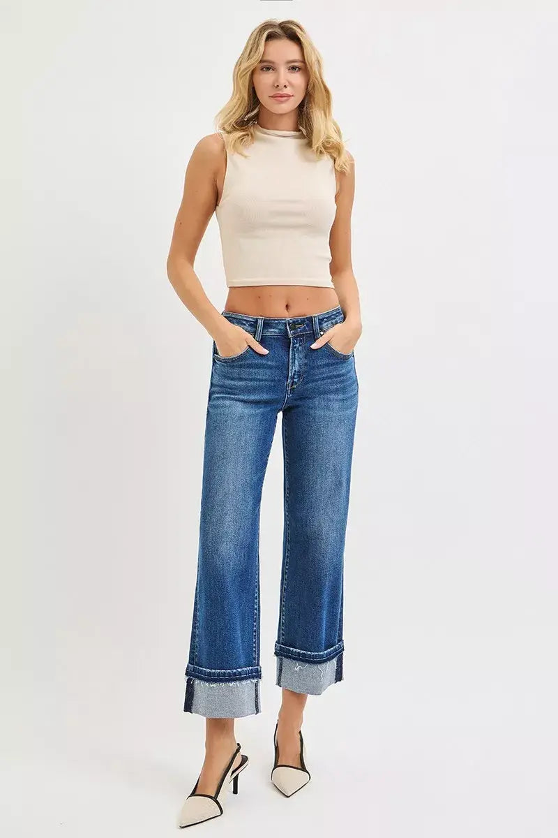 RISEN Mid Rise Ankle Straight Jeans with Cuffed Hem - Trendsi - Flyclothing LLC
