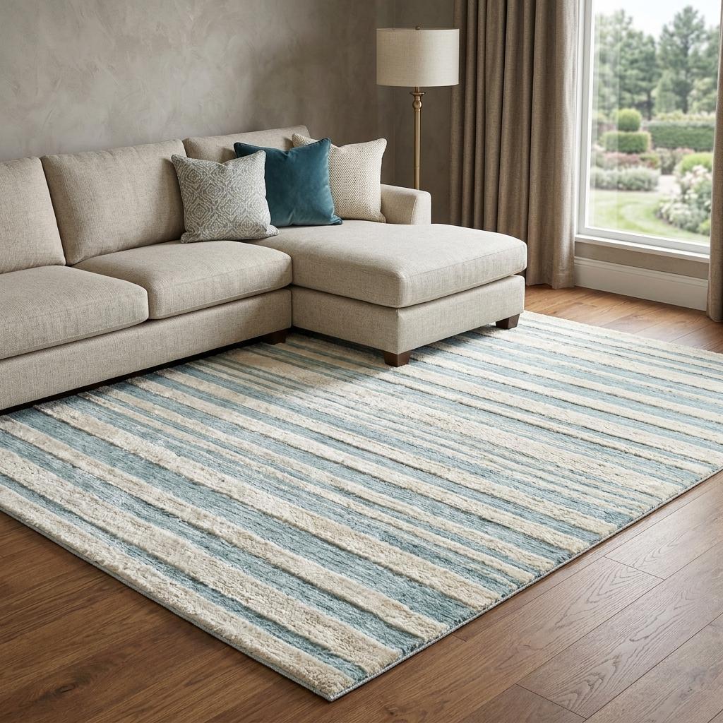 8' X 10' Sky Blue And Ivory Striped Shag Washable Area Rug With UV Protection - HomeRoots - Flyclothing LLC