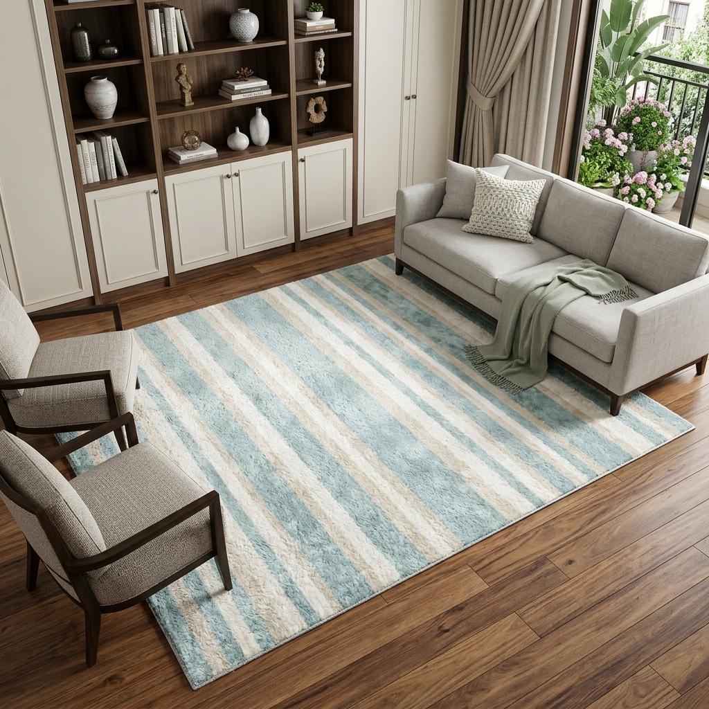 9' X 12' Sky Blue And Ivory Striped Shag Washable Area Rug With UV Protection - HomeRoots - Flyclothing LLC
