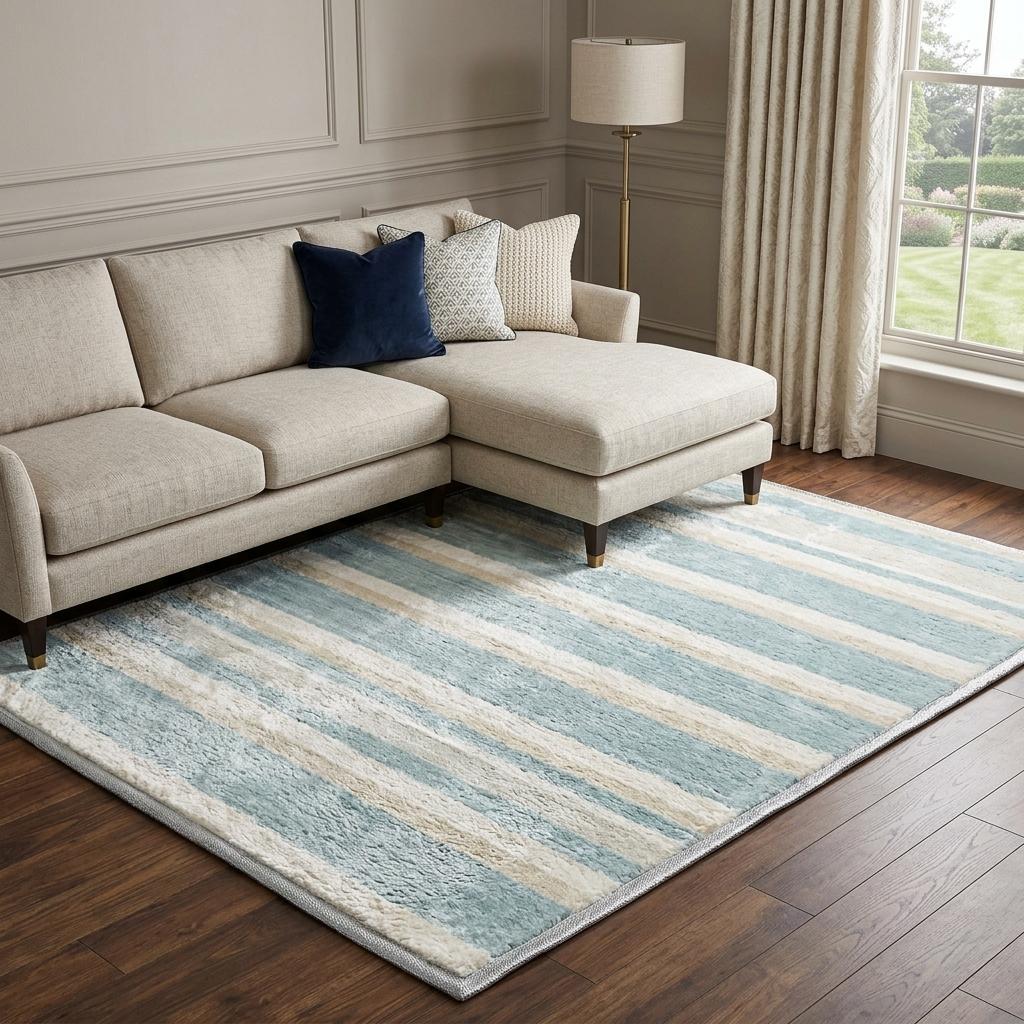 10' X 14' Sky Blue And Ivory Striped Shag Washable Area Rug With UV Protection - HomeRoots - Flyclothing LLC