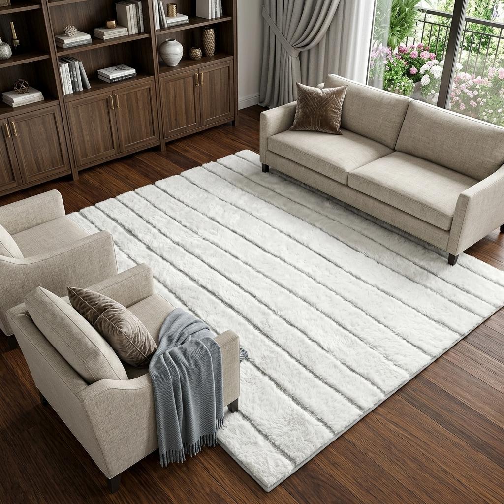 8' X 10' Taupe And Ivory Striped Shag Washable Area Rug With UV Protection - HomeRoots - Flyclothing LLC