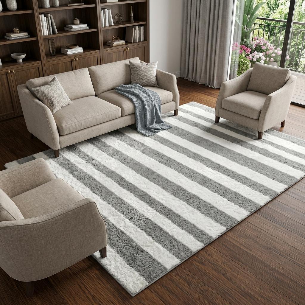 9' X 12' Taupe And Ivory Striped Shag Washable Area Rug With UV Protection - HomeRoots - Flyclothing LLC