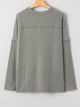 Twist Ribbed Exposed Seam Detail Long Sleeve Loose Top - Trendsi - Flyclothing LLC