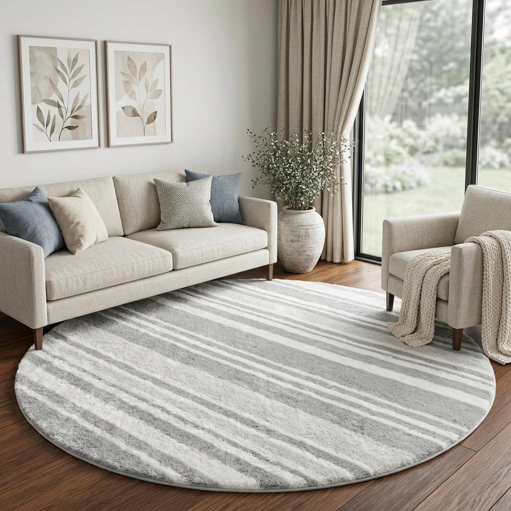 8' Yellow And Ivory Striped Shag Washable Round Rug With UV Protection - HomeRoots - Flyclothing LLC