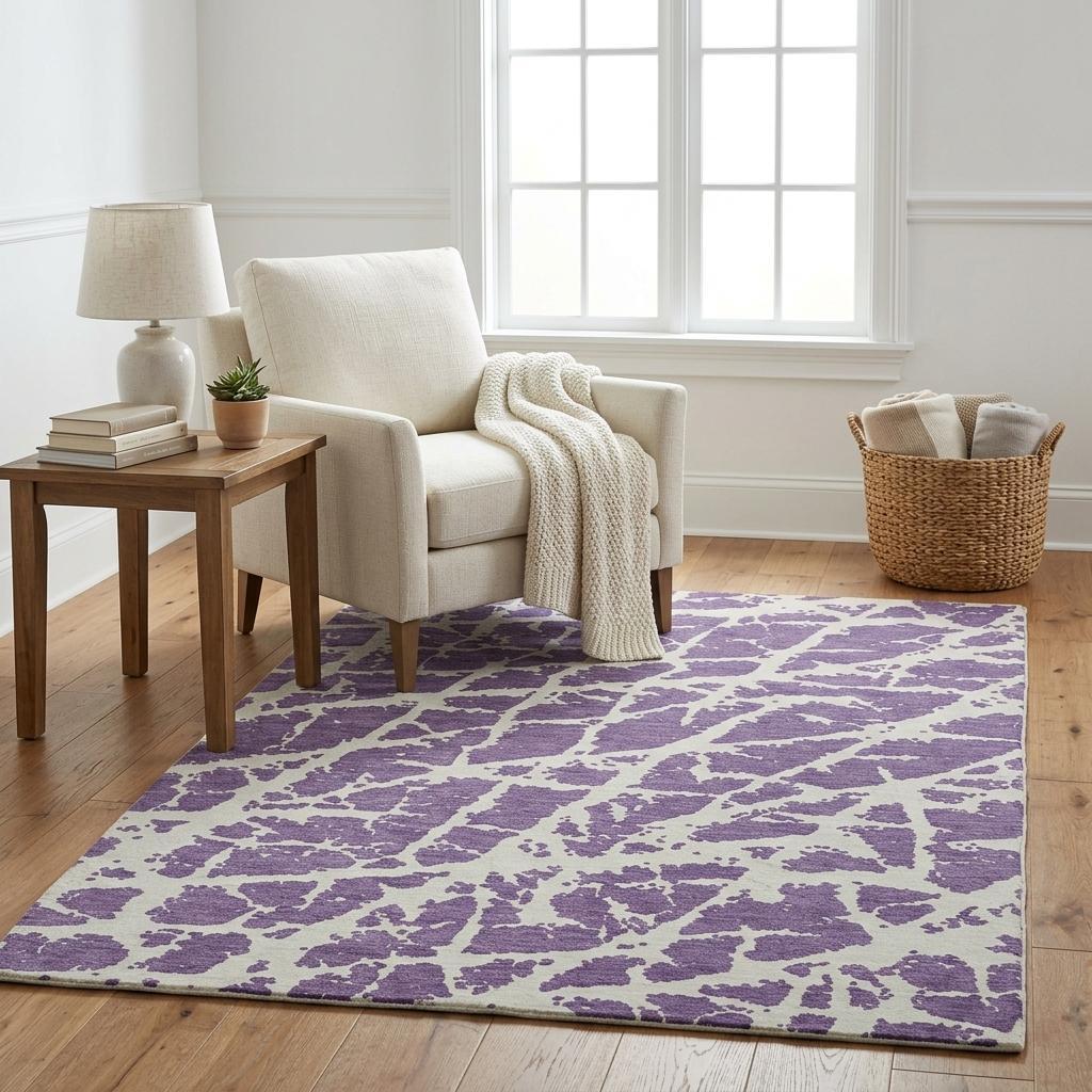 5' X 8' Purple And Ivory Geometric Shag Washable Area Rug With UV Protection - HomeRoots - Flyclothing LLC