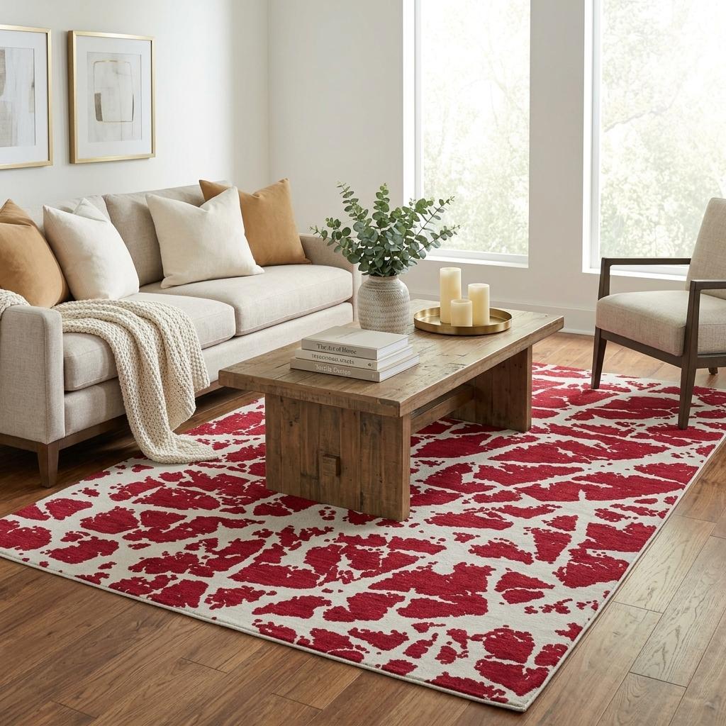 5' X 8' Red And Ivory Geometric Shag Washable Area Rug With UV Protection - HomeRoots - Flyclothing LLC