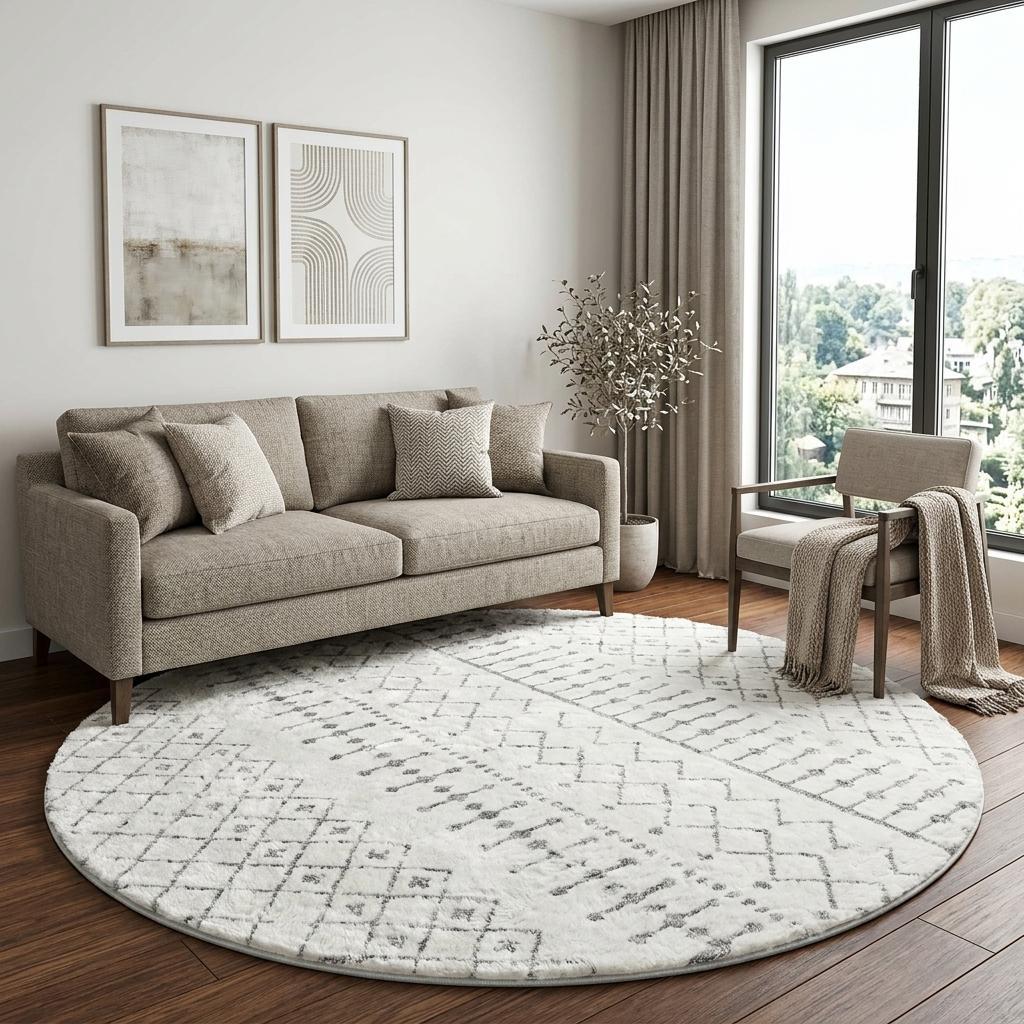 8' Red And Ivory Geometric Shag Washable Round Rug With UV Protection - HomeRoots - Flyclothing LLC