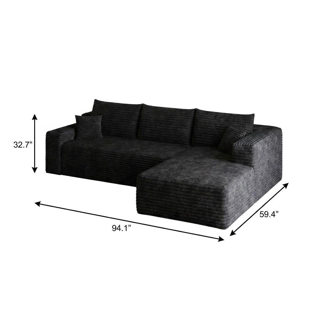 Black Corduroy Modular L Shaped Sofa and Chaise Sectional - HomeRoots - Flyclothing LLC