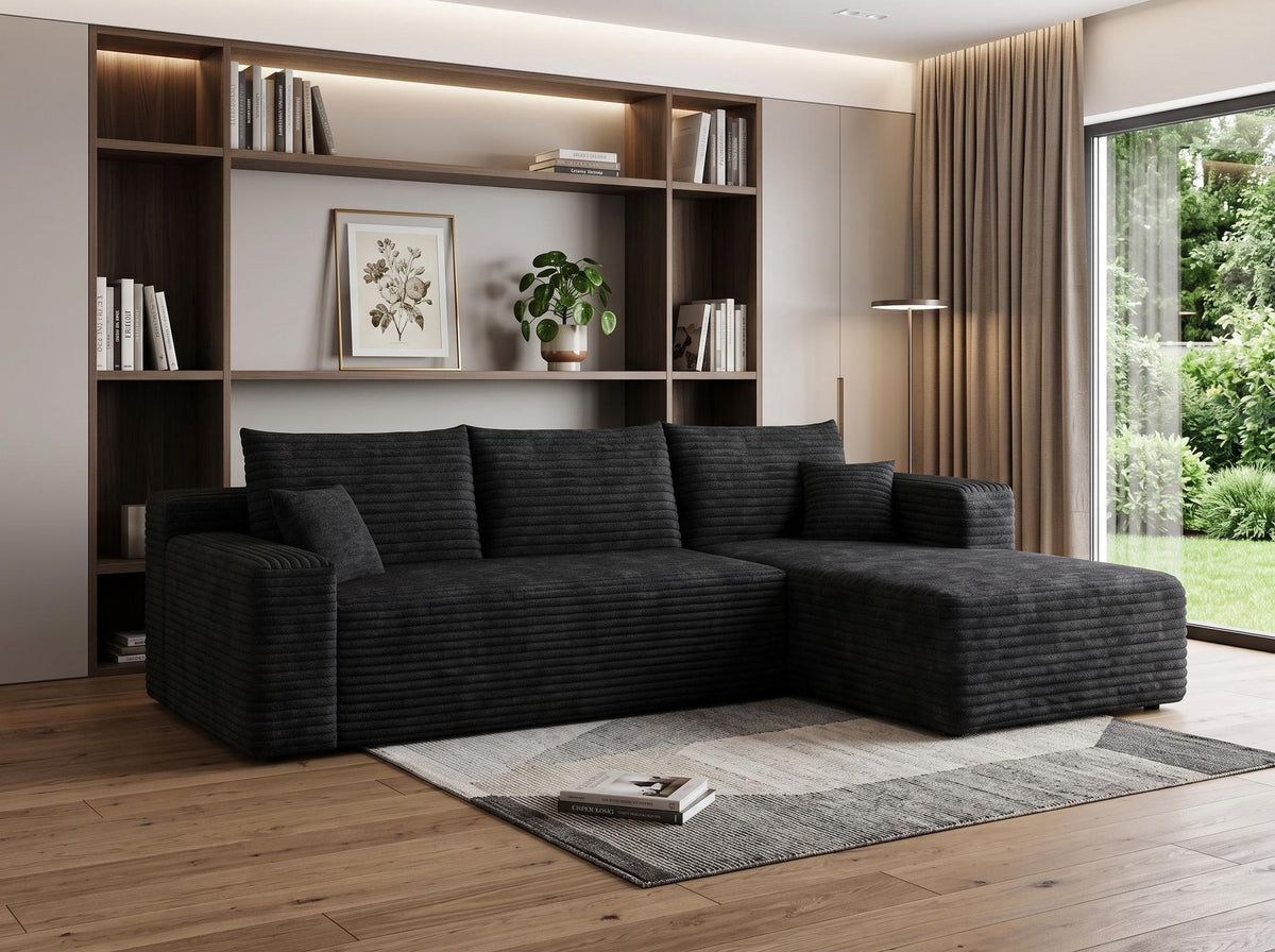 Black Corduroy Modular L Shaped Sofa and Chaise Sectional - HomeRoots - Flyclothing LLC