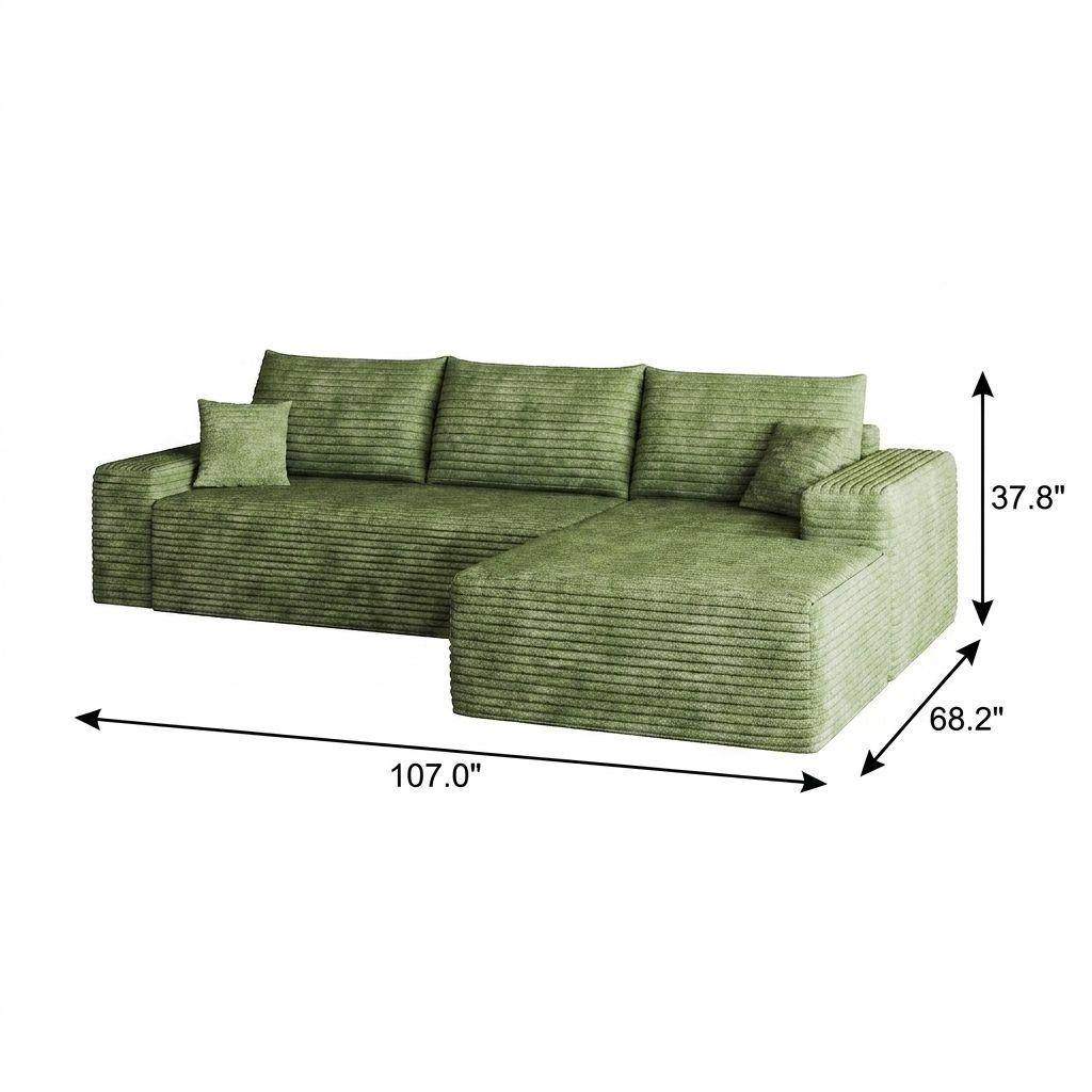 Green Corduroy Modular L Shaped Sofa and Chaise Sectional - HomeRoots - Flyclothing LLC