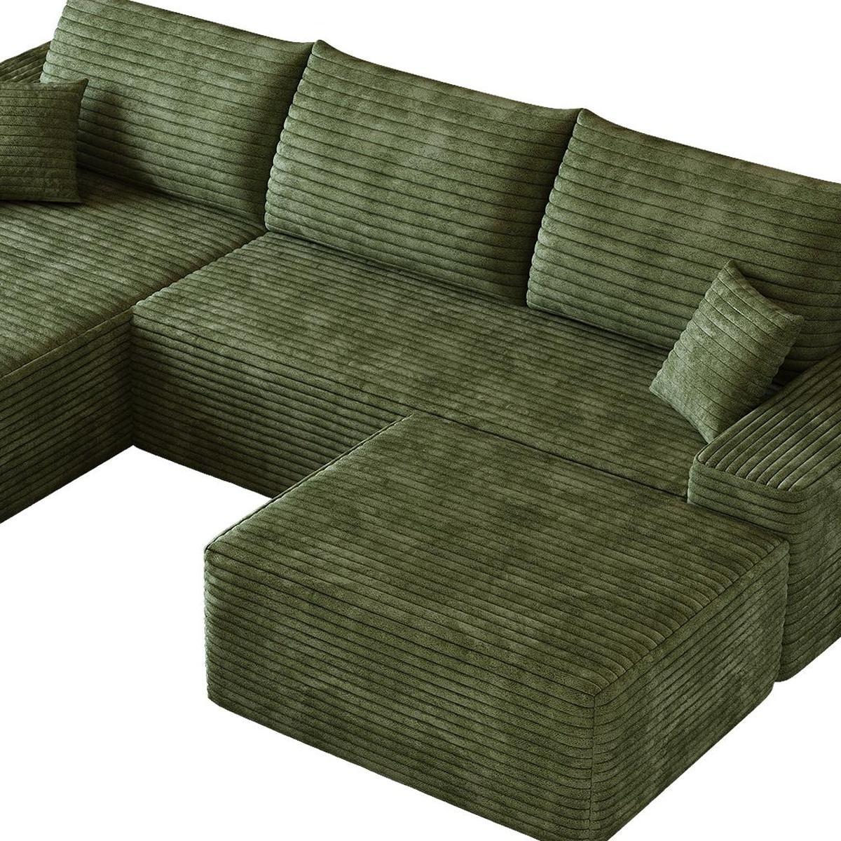 107" Green Corduroy Modular Chaise Style Sofa With Ottoman And Toss Pillows - HomeRoots - Flyclothing LLC