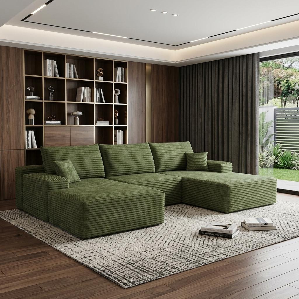 107" Green Corduroy Modular Chaise Style Sofa With Ottoman And Toss Pillows - HomeRoots - Flyclothing LLC
