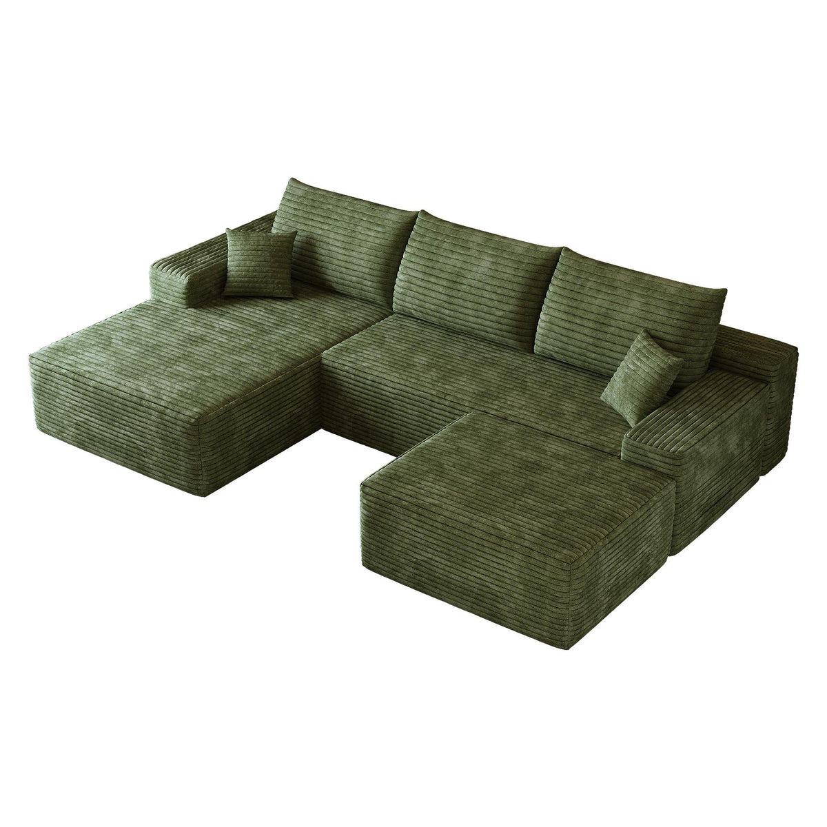 107" Green Corduroy Modular Chaise Style Sofa With Ottoman And Toss Pillows - HomeRoots - Flyclothing LLC