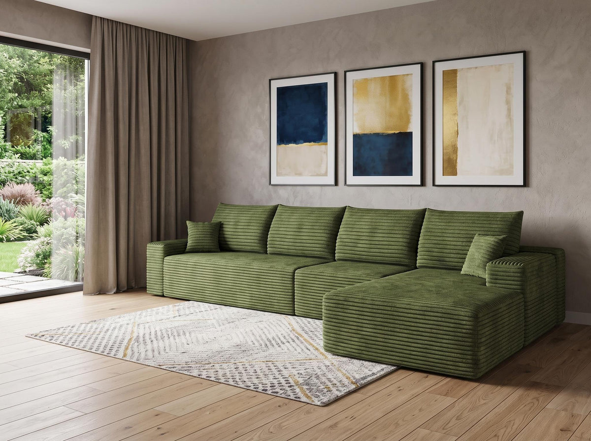Green Corduroy Modular L Shaped Sofa and Chaise Sectional - HomeRoots - Flyclothing LLC