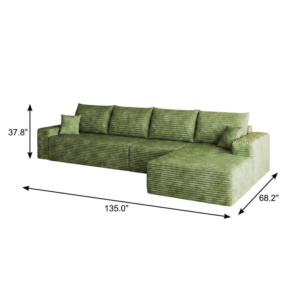 Green Corduroy Modular L Shaped Sofa and Chaise Sectional - HomeRoots - Flyclothing LLC