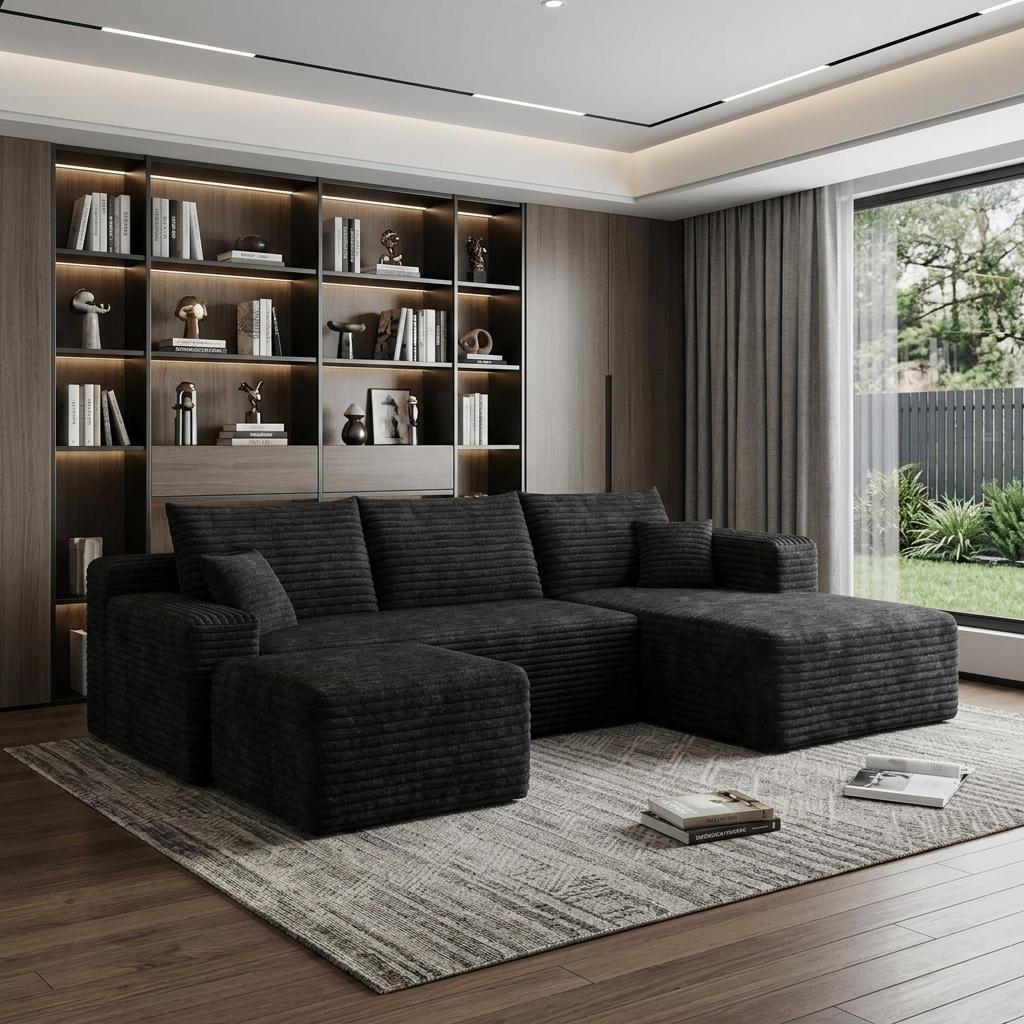 95" Black Corduroy Modular Chaise Style Sofa With Ottoman And Toss Pillows - HomeRoots - Flyclothing LLC