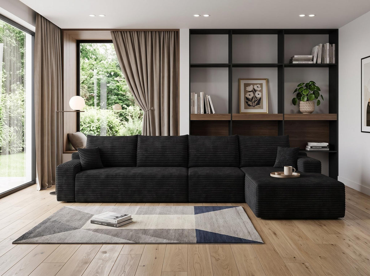 Black Corduroy Modular L Shaped Sofa and Chaise Sectional - HomeRoots - Flyclothing LLC