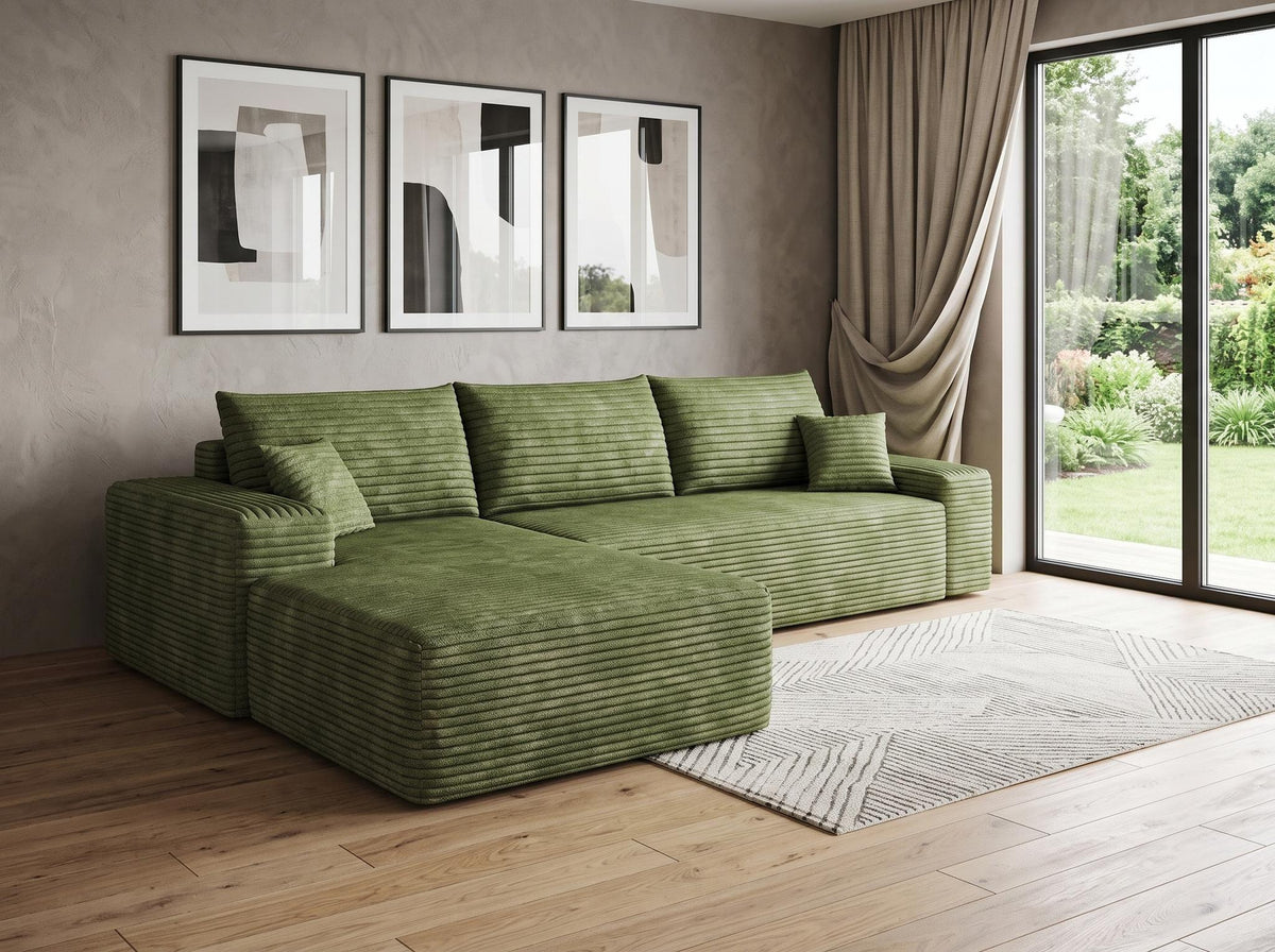 Green Corduroy Modular L Shaped Sofa and Chaise Sectional - HomeRoots - Flyclothing LLC