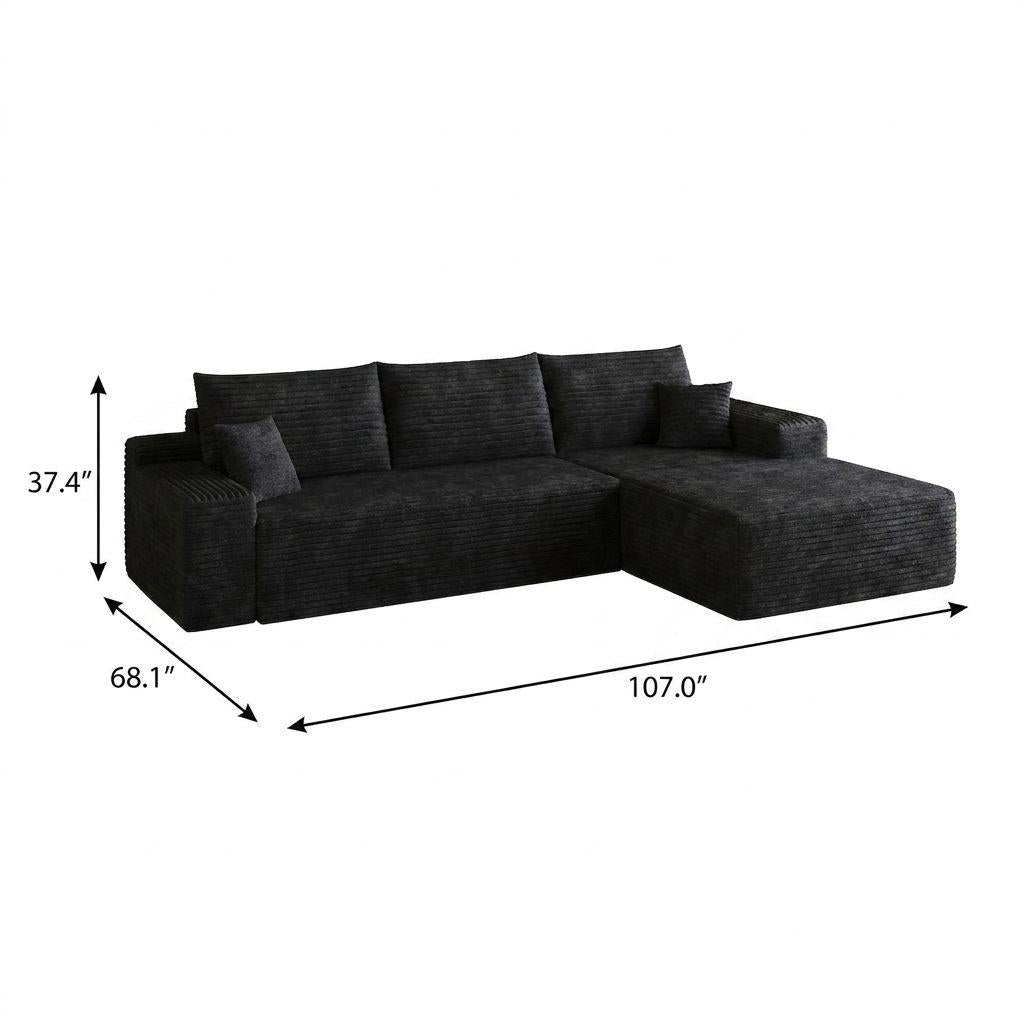 Black Corduroy Modular L Shaped Sofa and Chaise Sectional - HomeRoots - Flyclothing LLC