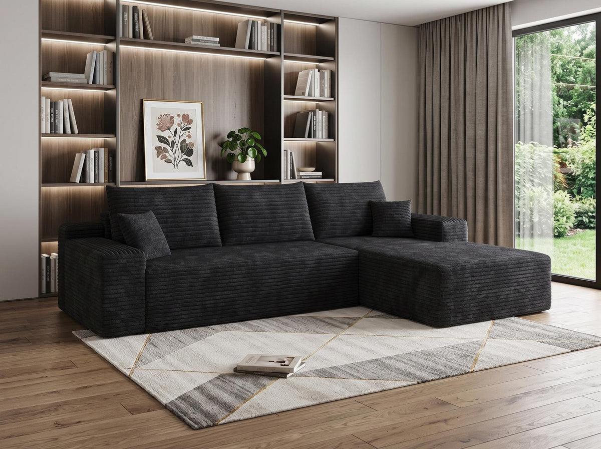 Black Corduroy Modular L Shaped Sofa and Chaise Sectional - HomeRoots - Flyclothing LLC